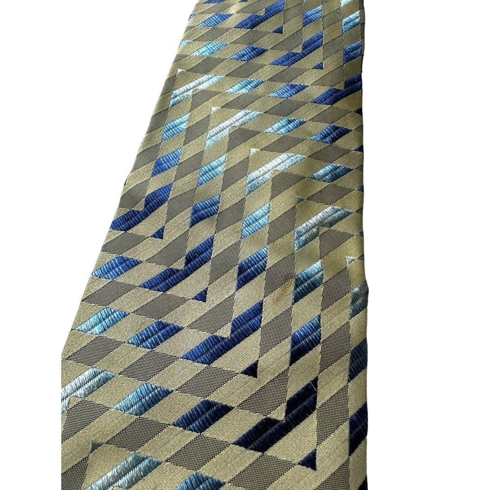 Vakko 100% Silk Mens Tie Geometric Iridescent Woven Classy Formal Beige Blue - Picture 4 of 5